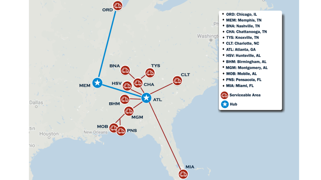 Easley Regional Service Map with Major Terminals Listed
